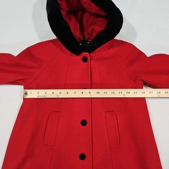 Stephanie Matthews Girls 100% Wool Red Jacket Coat Black Velvet Size 5 Long Hood
